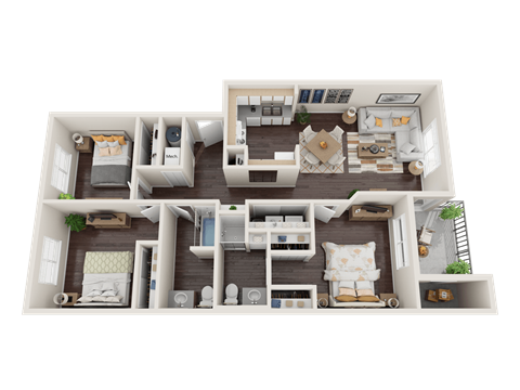 a 3d floor plan of a 3 bedroom apartment